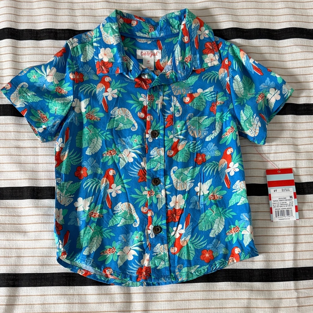 Cat & Jack Blue Tropical Parrot Short Sleeve Button-Down Shirt